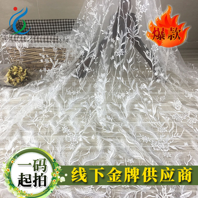 Tela de bordado transparente con diseño de hierbas, para ropa femenina