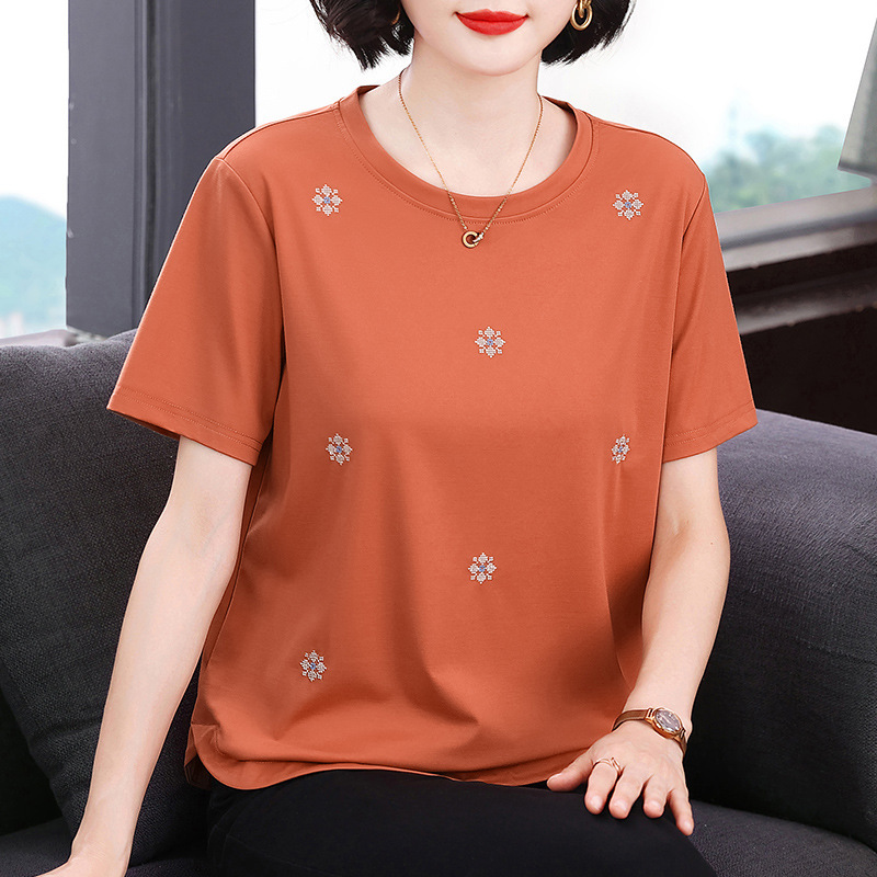 Summer New Style Embroidered Round Neck Short-Sleeved Women's T-Shirt Simple Casual Orange Loose Slimming Patchwork Top Women's Clothing