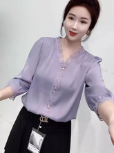 小七分女衫女领遮雪上衣袖新款年龄v宽松缎面春夏减衫纺肚子4