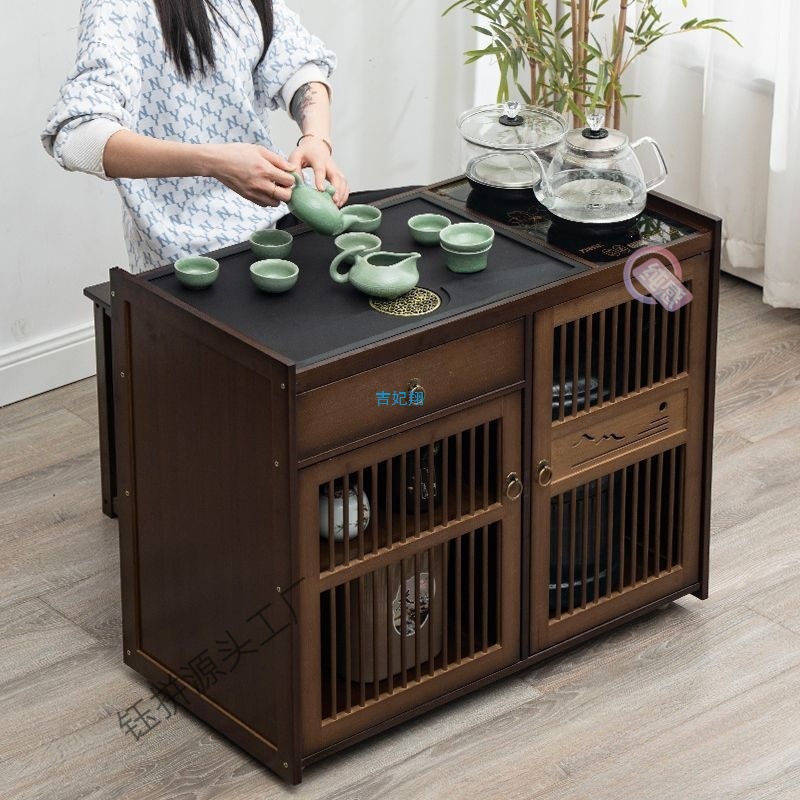 Mobile Tea Cart with Wheels, Tea Cabinet for Home Use, New Chinese Style Kung Fu Tea Set, Integrated Small Tea Table with Water Boiler
