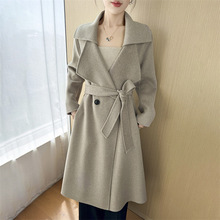 加长款大翻领双排扣系带收腰显瘦新款双面呢羊毛大衣过膝时尚外套