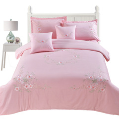 BB4C批發純棉婚慶被套四件套歐式刺繡粉色繡花全棉床單枕套小