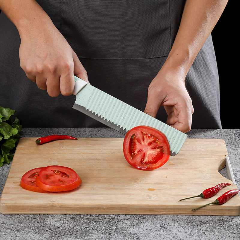 Cuchillo de acero inoxidable de paja de trigo juego de seis piezas de cuchillo antiadherente en aerosol recubierto con cuchillo y tijeras para el hogar juego de cuchillos de regalo