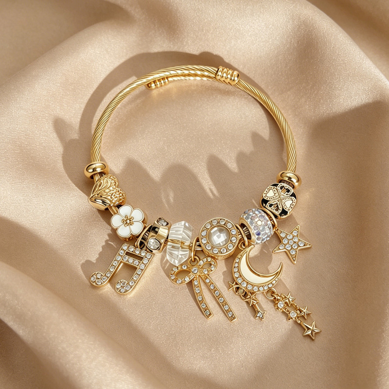 Light Luxury Gold Star and Moon Beaded Bracelet with Musical Note Bowknot and Diamond Pendant DIY Jewelry Accessories Store Hot-Selling Products