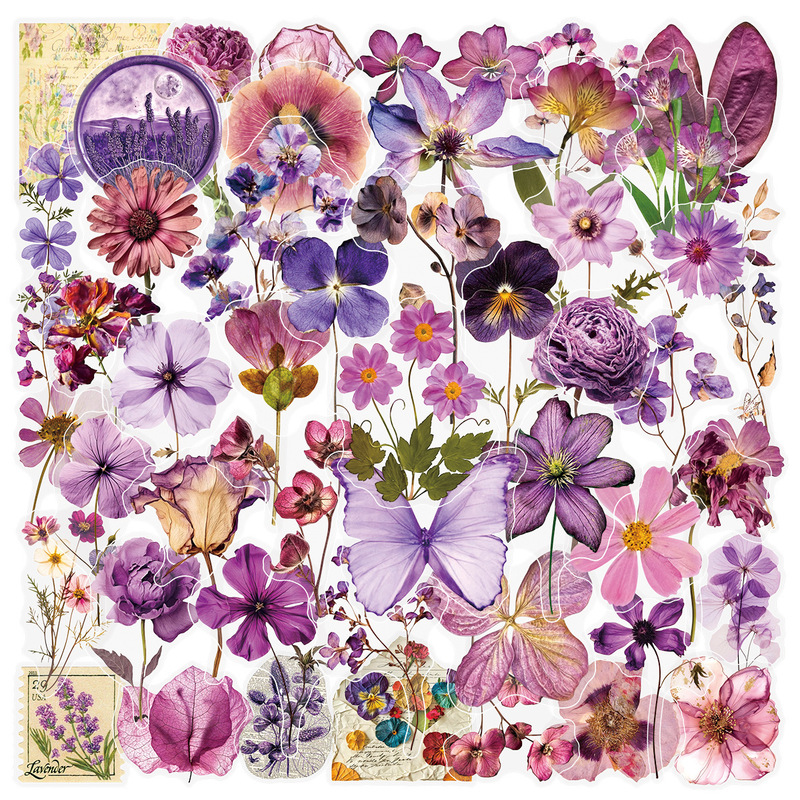 50 Transparent Purple Embossed Material Stickers for Notebooks, Tablets, Phone Cases, Water Cups, Decorative Pet Stickers