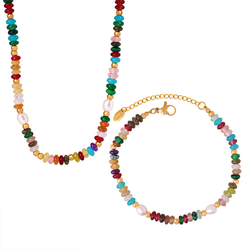 Dopamina colorido natural piedra de agua dulce perla collar pulsera nicho versátil temperamento dulce diseño clavícula cadena