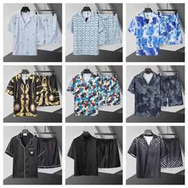 跨境2026新款高品质欧洲衬衫短裤套装居家服冰丝男女同款可外穿男