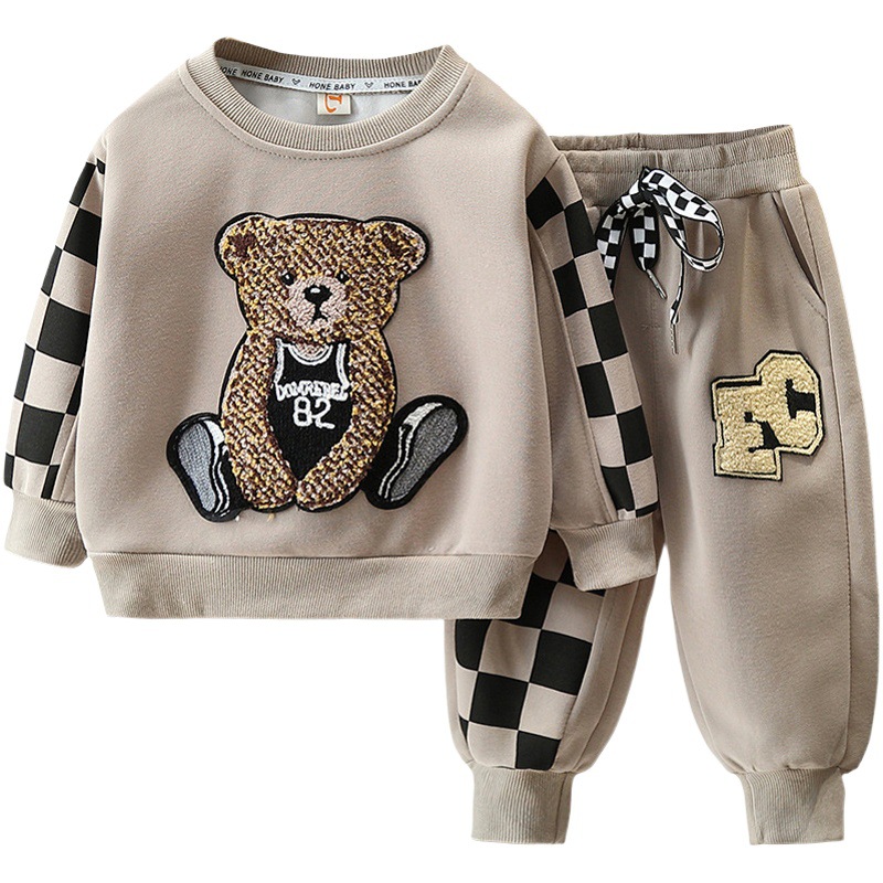 3992 Traje de primavera y otoño para niños, estilo occidental 2025, nuevo niño, otoño, rojo, suéter de oso, traje de dos piezas para niños