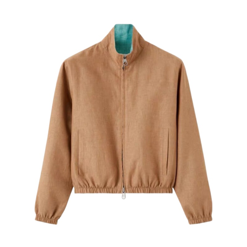 [In Stock] LP Women's Long Sleeve Stand Collar Double Zipper Linen Reversible Bomber Jacket