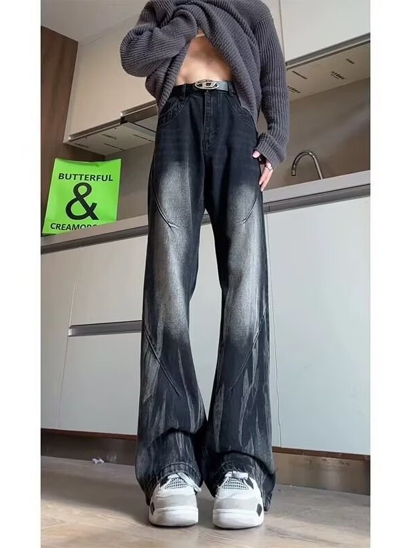 高街扎染渐变牛仔裤男款春秋季美式复古百搭vibe水洗直筒微喇裤子|undefined