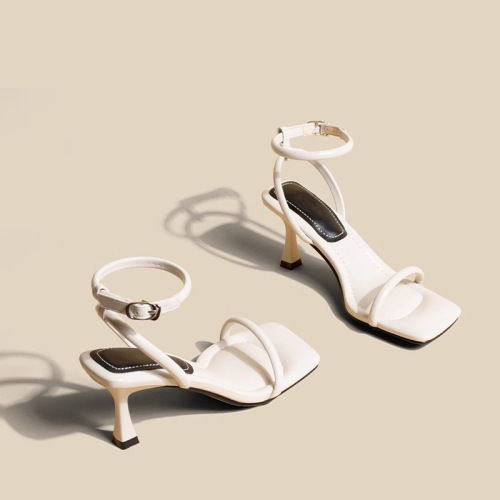 Silver High Heels for Women, Slim Heel, 2024 Summer New Arrival, Suitable with Skirts, French One Strap Roman Sandals for Women, Suede Texture