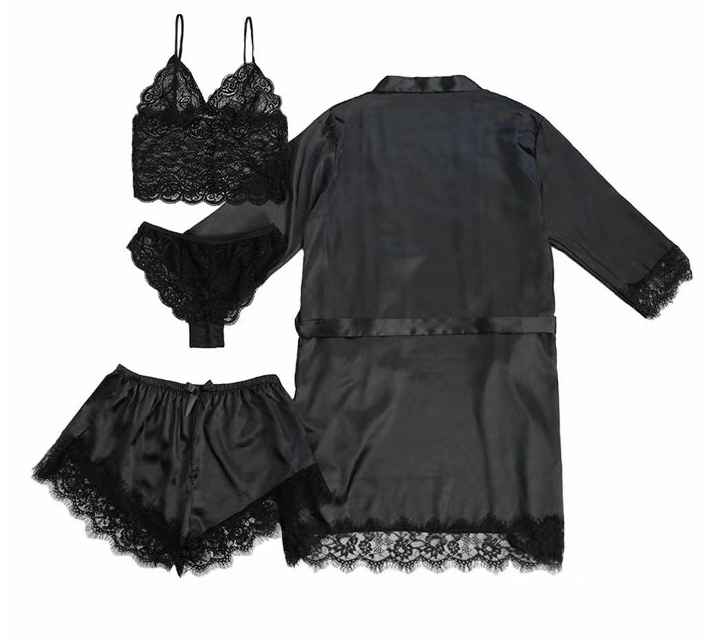 GraceChic GraceChic Nuovo pigiama estivo da donna in raso e pizzo, stile europeo americano, 4 pezzi, con vestaglia e camicia da notte all'ingrosso_voghion.com