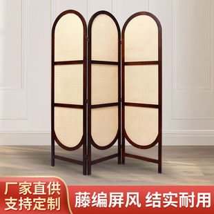 Chinese-Style Rattan Solid Wood Screen for Living Room, Dining Room, Bedroom, Entrance, Partition, Mobile Log Simple Folding Screen