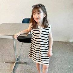 女童夏裝連衣裙寶寶網紅洋氣兒童個性潮牌韓版拼色條紋公主背心裙