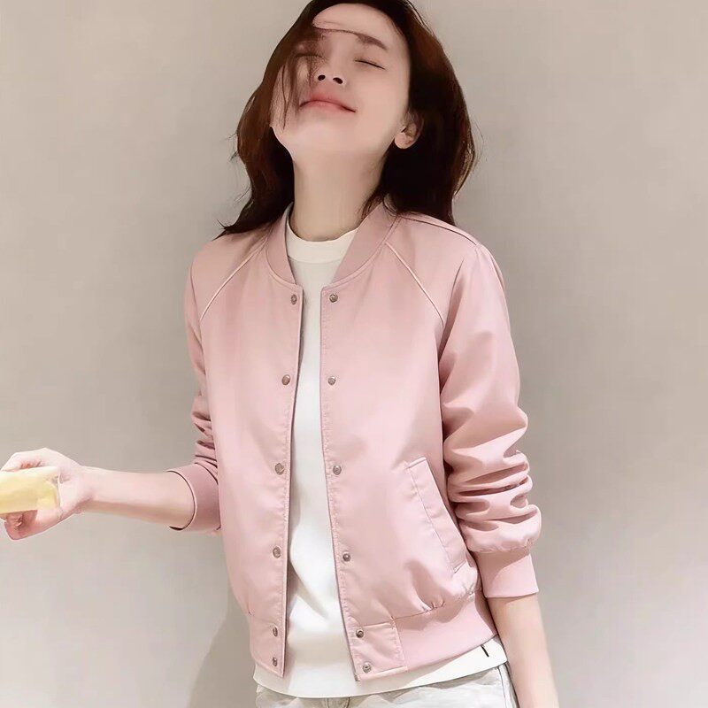 Áo khoác bóng chày nữ dáng suông họa tiết chữ, cổ tròn khóa kéo, tay dài — Màu hồng