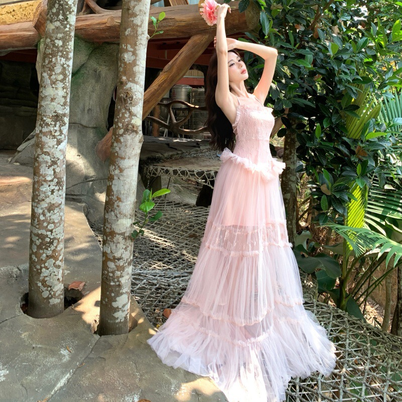 2026 Shimmering Lace Jacquard Patchwork Long Vacation Lace Mesh Halter Backless Dress with Floral Print