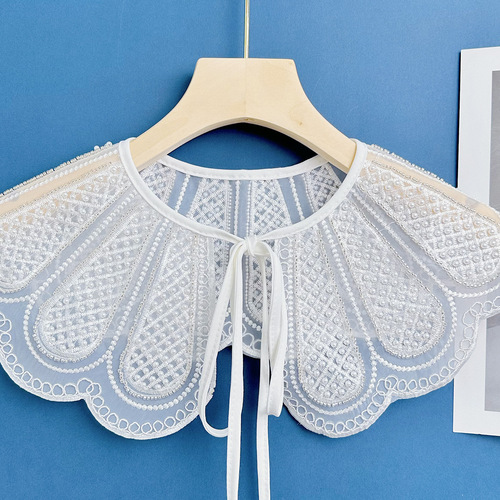 New Organza White Embroidered Rice Beads Three-dimensional Embroidered Fake Collar Women's Versatile Shawl Factory Direct Sales