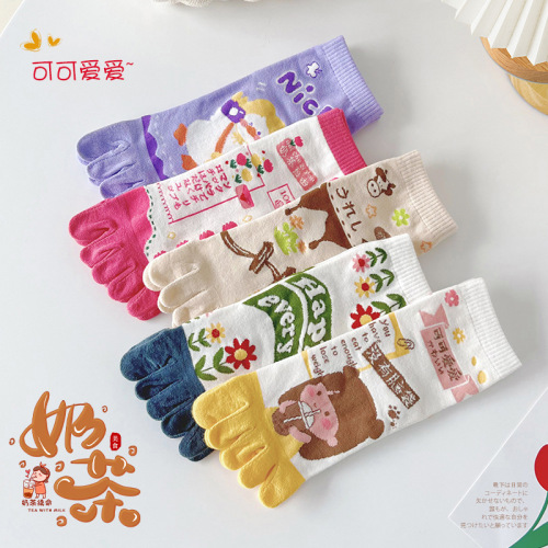 Five-toed socks for women spring and summer cotton socks cartoon cute split toes breathable sweat-absorbent anti-athlete socks mid-tube socks