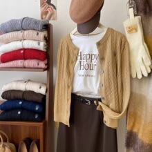 老钱风小马刺绣麻花针织开衫女秋冬早秋复古圆领红色白色毛衣外套