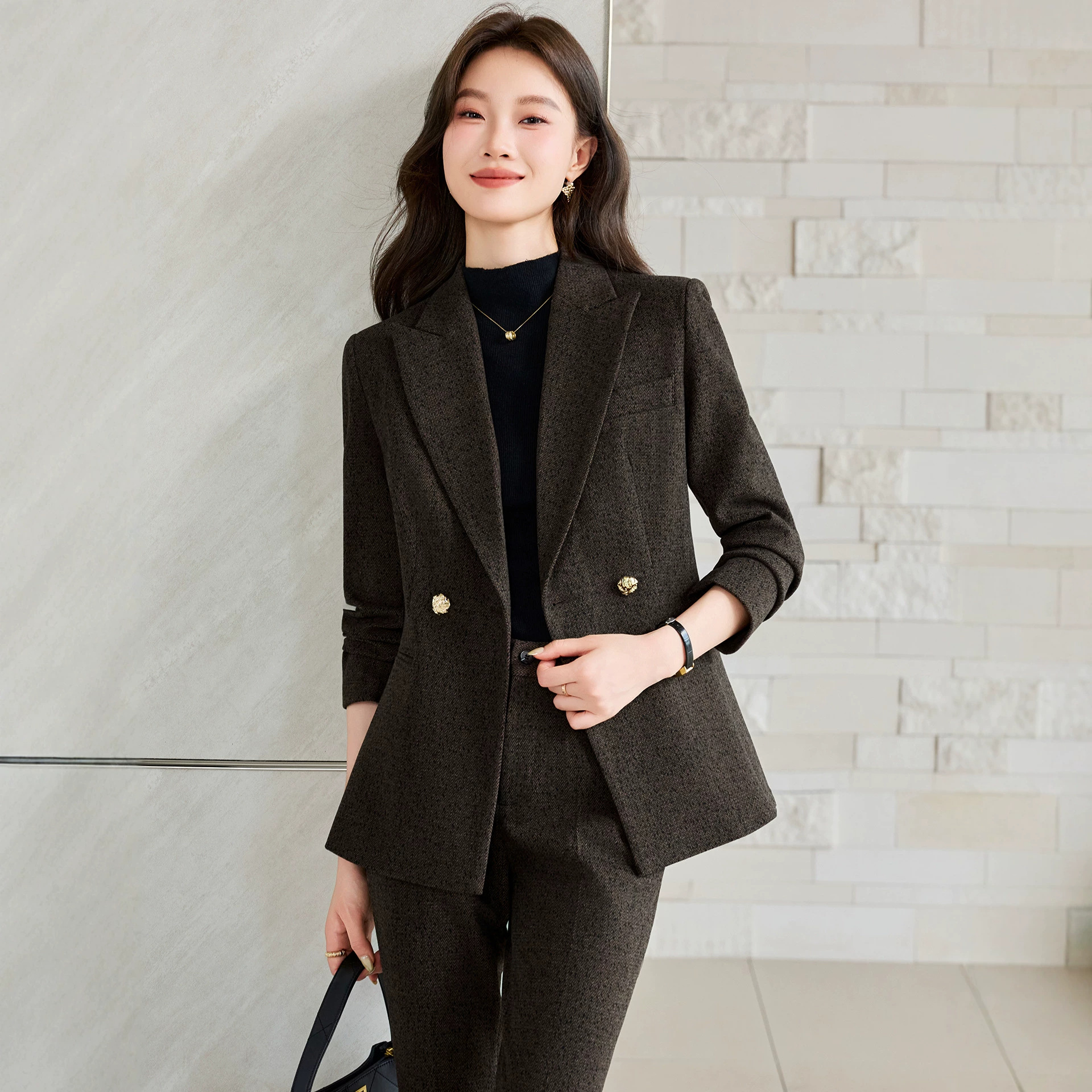 Brown wool suit set for women, suitable for spring and autumn, professional formal wear, business style, elegant and high-end suit jacket for autumn and winter.