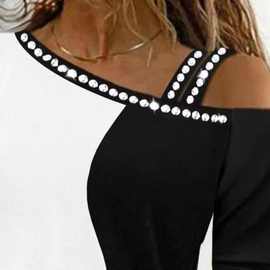 2023夏季欧美女装撞色绑带宽松休闲时尚烫钻T恤露肩长袖上衣