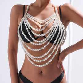 新款胸链欧美跨境时尚手工制作仿珍珠性感镂空文胸身体链项链饰品