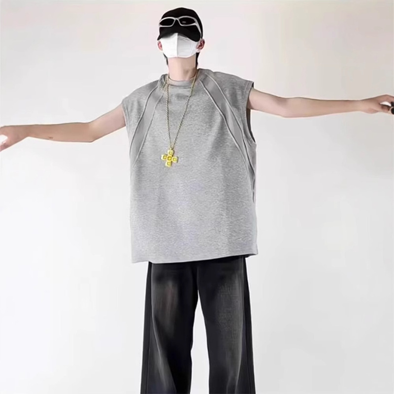 Deconstructed Splicing Sleeveless T-Shirt Men's 2025 Summer New American Short Wide Boxy Version T-Shirt Sports Fitness Top