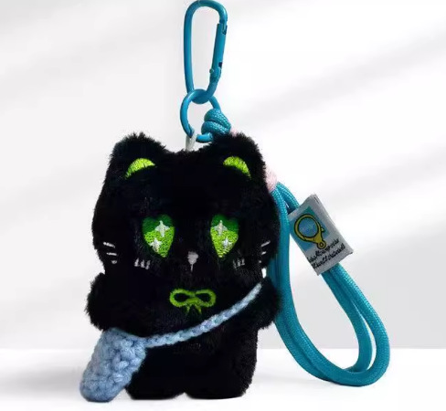 Super lindo pequeño gato negro tejido lindo cuerdas de mano de peluche hechas a mano muñeca llavero colgante bolsos colgantes de teléfonos móviles