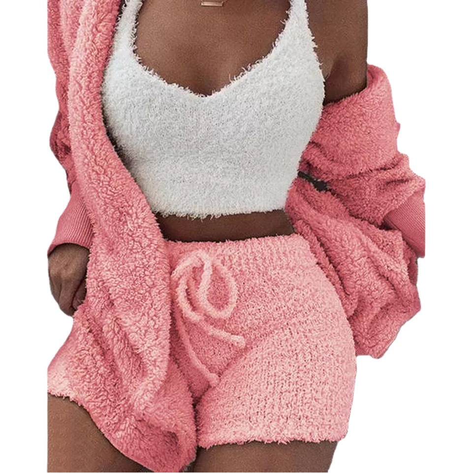 Europa y América transfronteriza Otoño e Invierno Nueva felpa casual desgaste del hogar de tres piezas de manga larga ombligo chaleco pantalones cortos Pijama traje