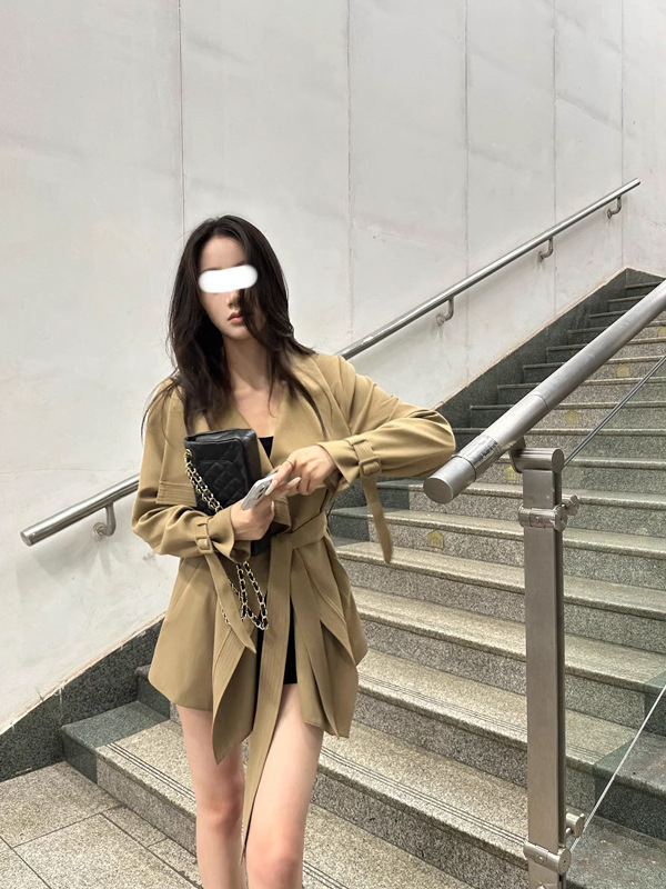 5werkwen 北川景子古早风衣 荷叶领短款大翻领风衣外套气质大衣|undefined
