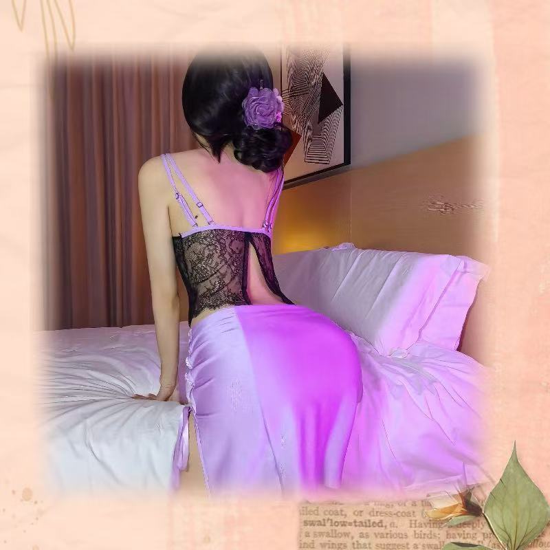 Sexy Cheongsam-Style Roleplay Lingerie Set with Deep V and Purple Charm — detail image 5