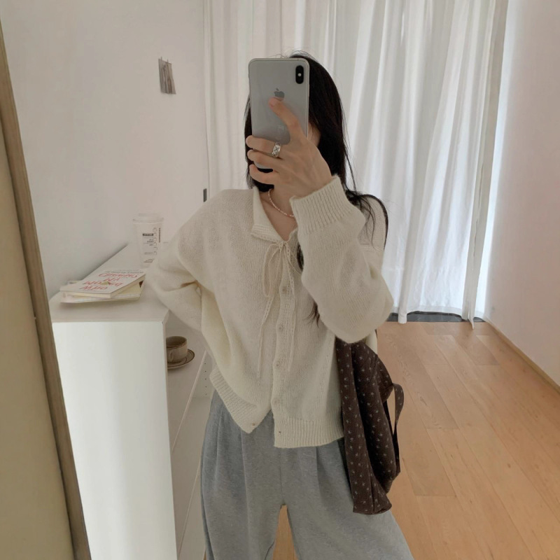 韩系甜美蝴蝶结蕾丝系带领毛衣开衫外套秋季法式软糯针织衫上衣女|undefined