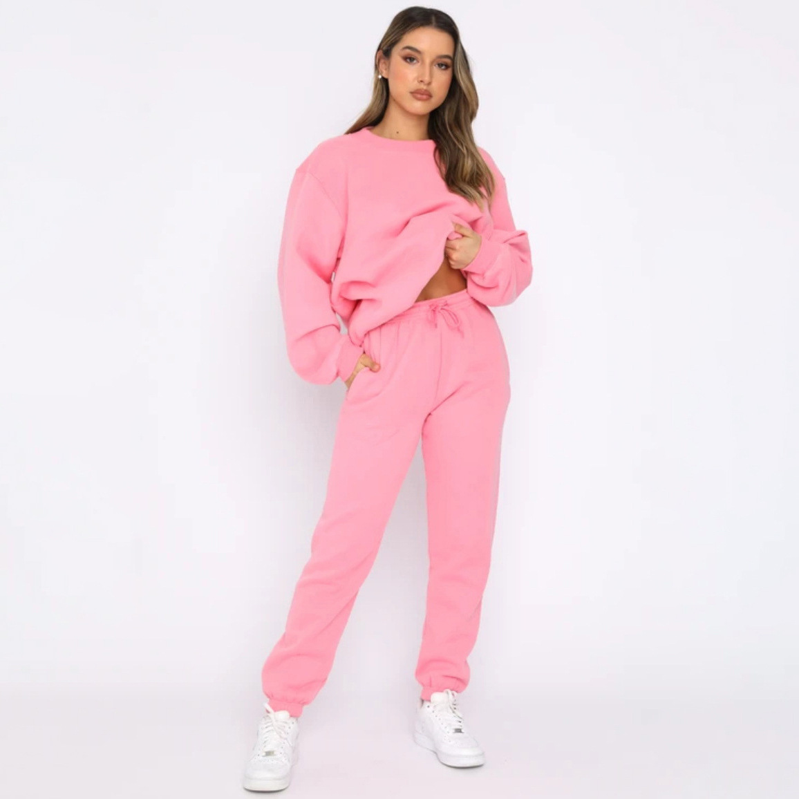 840g Weight Long Sleeve Sleeve Length Polyester Fabric Type Sweatshirt & Hoodie Co-ord Set Sets Type 2 Pieces Set Quantity Casual Occasion Round Neck Neckline Loose Fit Type Solid Color Pattern Winter, Autumn Season Women's Gender Streetwear Style Casual Women's Streetwear Solid Color Polyester Sweatshirt & Hoodie Co-ord Set Pants Sets 26