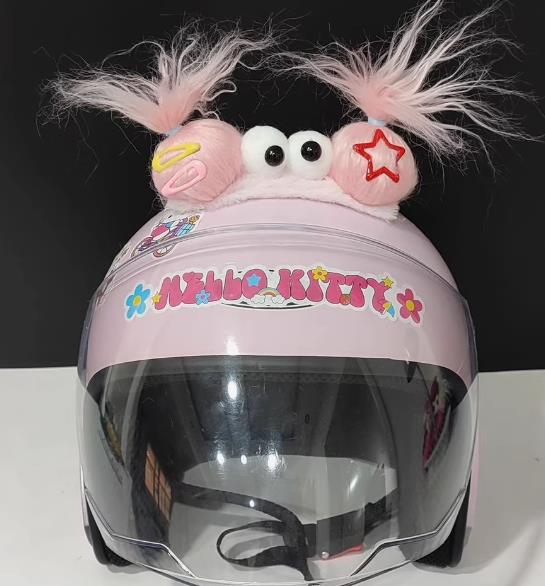 Quirky Sky-High Braid Helmet Accessories, Three Doll Motorcycle and Electric Scooter Riding Helmet Decorations with Ears and Double Ponytails