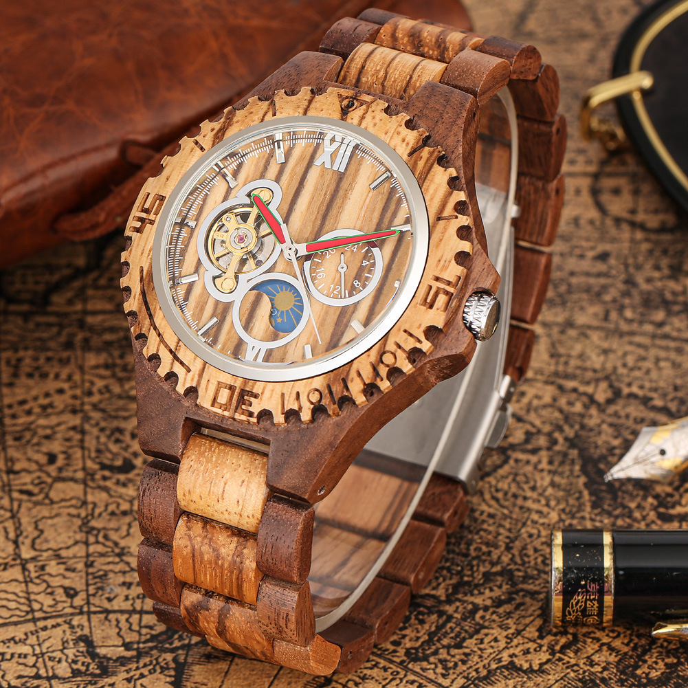 Automatic Mechanical Watch Men Zebra Wood Red Sandalwood Skeleton_voghion.com