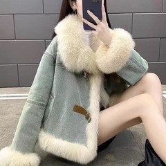 韩版设计毛领蓝色牛仔外套时尚夹绒加厚保暖仿皮毛绒短款外套ins