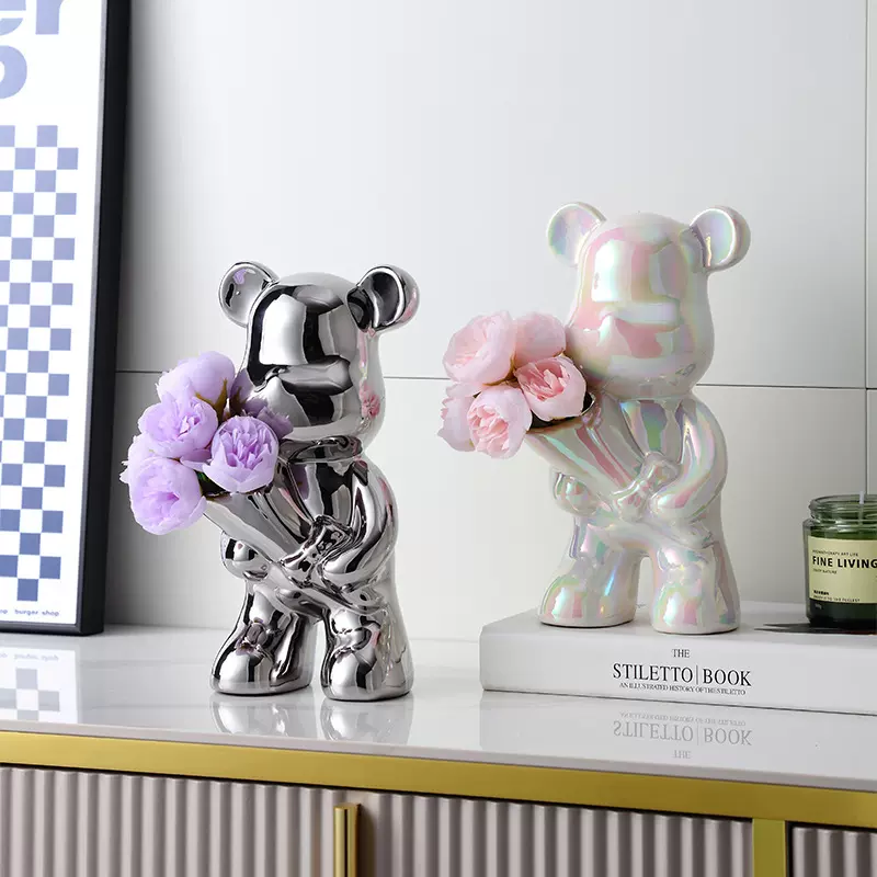 北欧捧花电镀陶瓷熊家用客厅橱柜酒柜创意轻奢网红卡通熊家居摆件