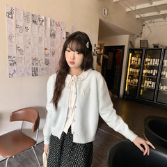 蓝色蝴蝶结系带针织开衫秋季甜美2025减龄小个子新款荷叶上衣外套