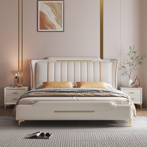 Wabi-sabi style new cream style leather bed master bedroom 1.8m modern simple high box storage double light luxury technology cloth bed