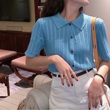 针织衫2021夏季新款复古显瘦镂空polo短袖网红减龄宽松薄款上衣