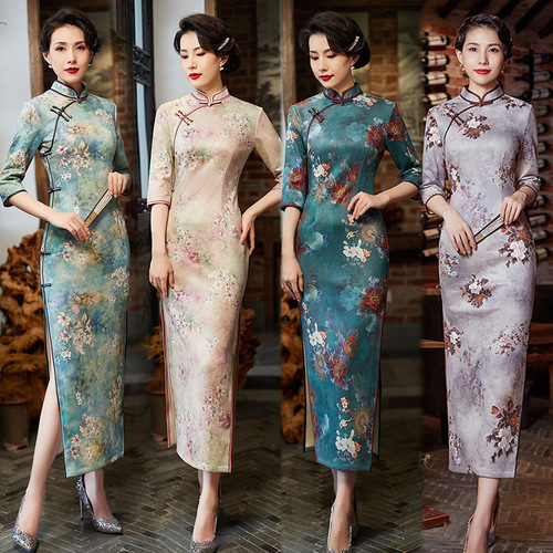 Chinese dresses oriental qipao Suede Cheongsam for women Retro Long Sleeve National tide evening party young cheongsam photos shooting chinese dress