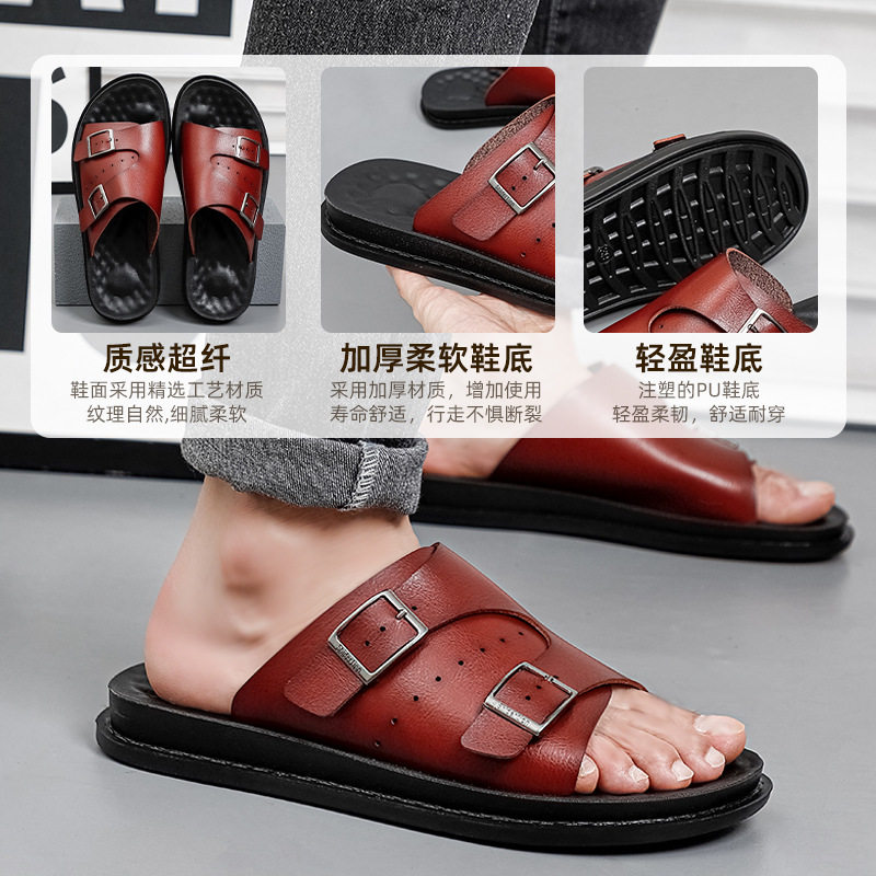 Dép sandal nam hở ngón cỡ lớn da PU chống trượt, dép lê đi biển thoáng khí — Toàn bộ màu đen, Đỏ rượu vang