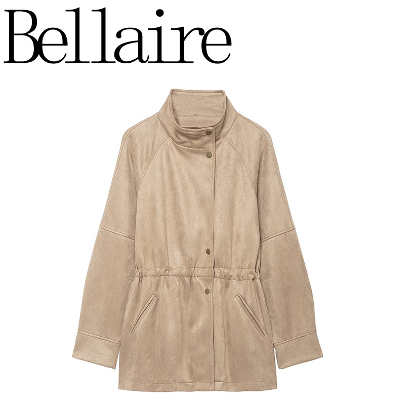 Za Export Wholesale European and American Style French Women's Versatile Loose High-Neck Waist Suede Mid-Length Jacket