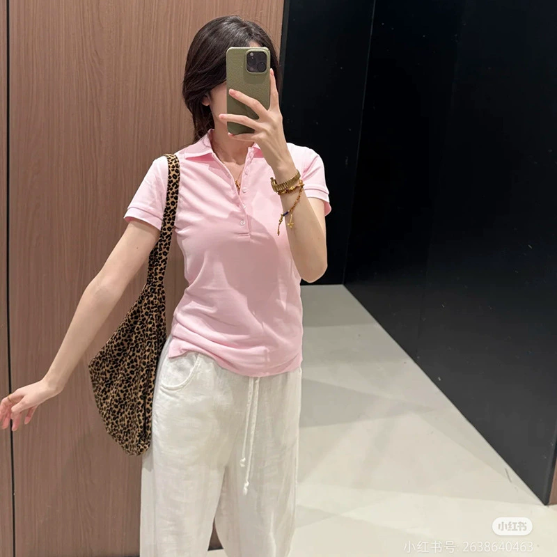 2025 RL Raffy Pony Логотип Вышивка Модный бренд Пятикнопочная футболка для похудения талии Короткий рукав Поло с отложным воротником для женщин.