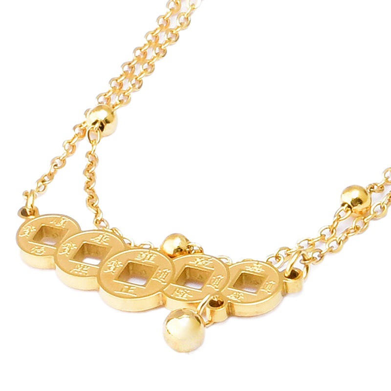 No se desvanece de acero de titanio de doble capa de cadena de cobre moneda patrón colgante vintage color retención tobillera mujer estilo chino nicho tobillera