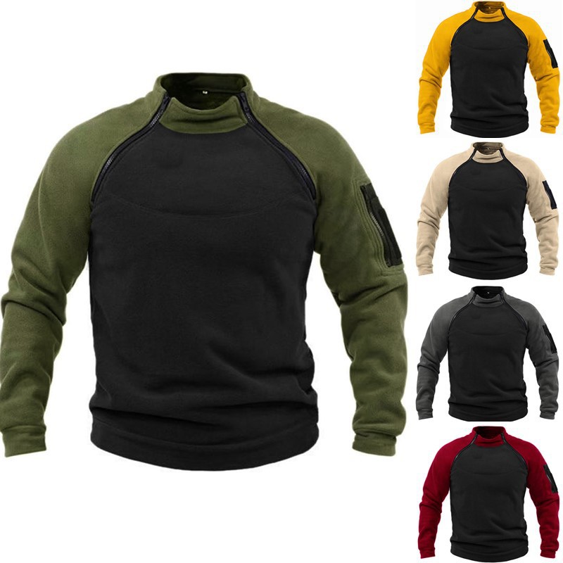 European and American collar men's sweater spring and autumn loose double sleeve color matching outdoor warm breathable tactical men's jacket wholesale