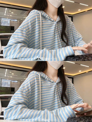 蓝色条纹薄款连帽卫衣女早秋季2025新款宽松慵懒休闲长袖上衣外套