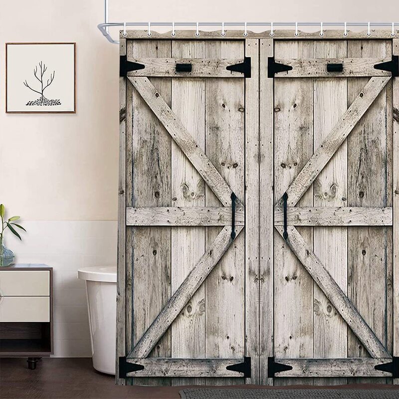 Bathroom Shower Curtain with Rustic Vintage Wood Grain Farmhouse Barn Door Design, Thickened Polyester, Digitally Printed Bathroom Shower Curtain with Rustic Vintage Wood Grain Farmhouse Barn Door Design, Thickened Polyester, Digitally Printed