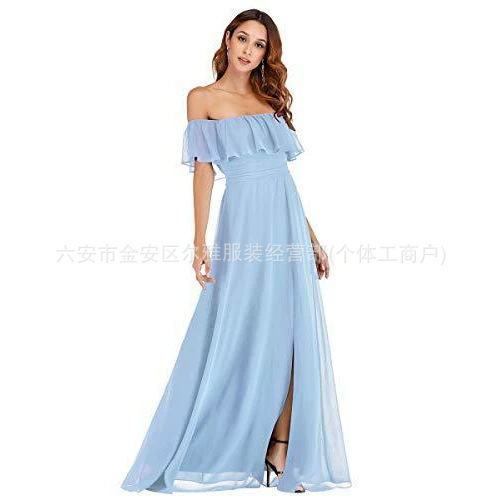 Women's Summer Off-Shoulder Flowing Chiffon Formal Wedding Guest Evening Dress with Extra-Long Side Slit Beach Bridesmaid Dress