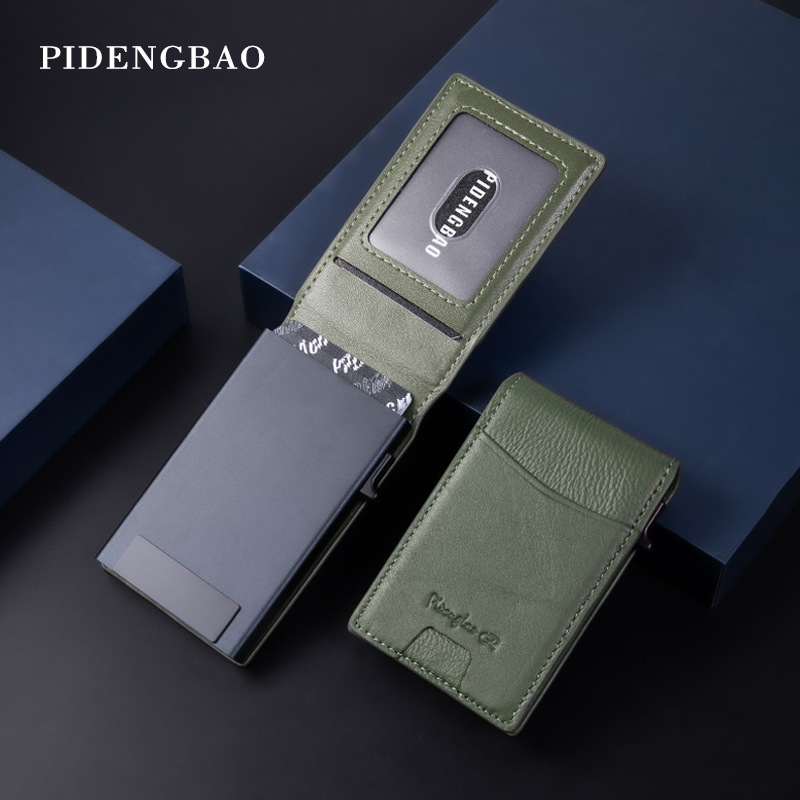 Foreign Trade Genuine Leather Card Holder Rfid Anti-Theft Swipe Protection Side-Push Quick-Eject Card Clip Multi-Card Slots Large Capacity Ultra-Thin Flip Wallet